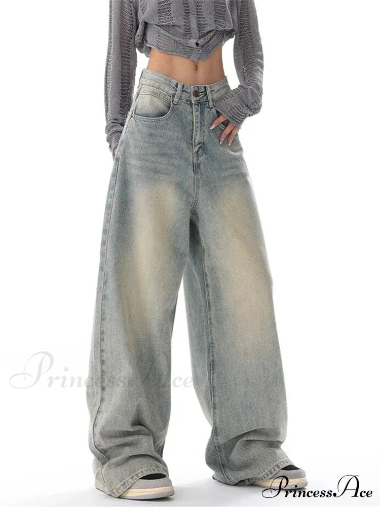 American Vintage Washed Thin Casual Neutral Style Blue Denim High Waist Straight Pants Jeans