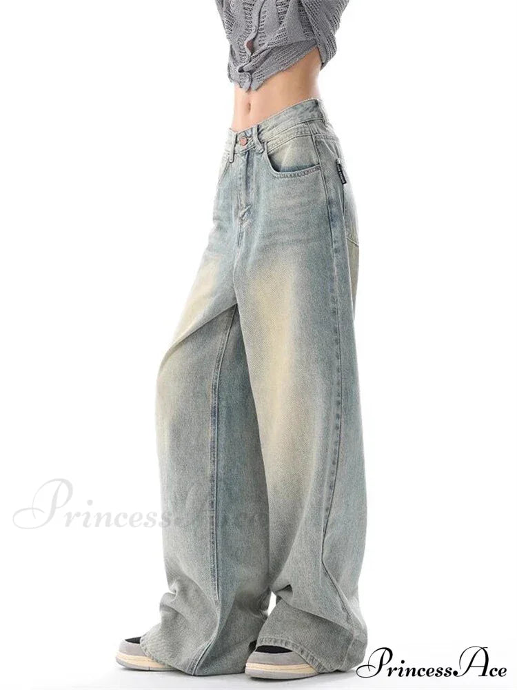 American Vintage Washed Thin Casual Neutral Style Blue Denim High Waist Straight Pants Jeans