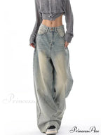 American Vintage Washed Thin Casual Neutral Style Blue Denim High Waist Straight Pants Jeans