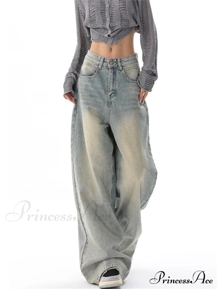 American Vintage Washed Thin Casual Neutral Style Blue Denim High Waist Straight Pants Jeans