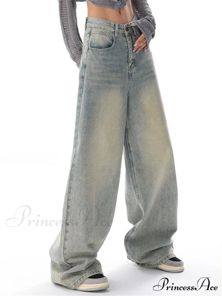 American Vintage Washed Thin Casual Neutral Style Blue Denim High Waist Straight Pants Jeans