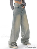 American Vintage Washed Thin Casual Neutral Style Blue Denim High Waist Straight Pants Jeans