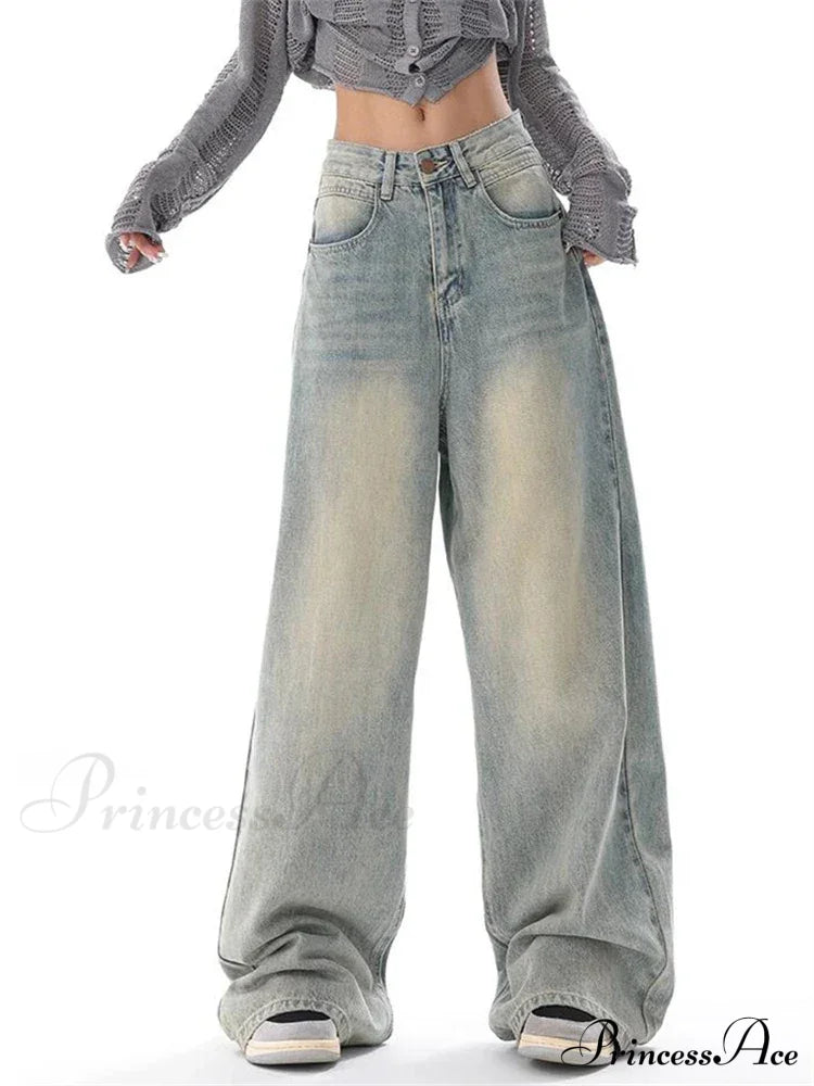 American Vintage Washed Thin Casual Neutral Style Blue Denim High Waist Straight Pants Jeans