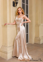Blue Evening Green Gown Full-Length Party Royal With Satin Long Ribbon Draped Dress