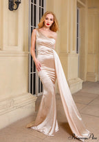 Blue Evening Green Gown Full-Length Party Royal With Satin Long Ribbon Draped Dress