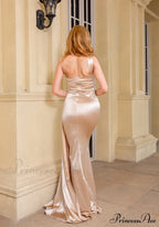 Blue Evening Green Gown Full-Length Party Royal With Satin Long Ribbon Draped Dress