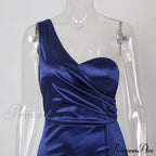 Blue Evening Green Gown Full-Length Party Royal With Satin Long Ribbon Draped Dress