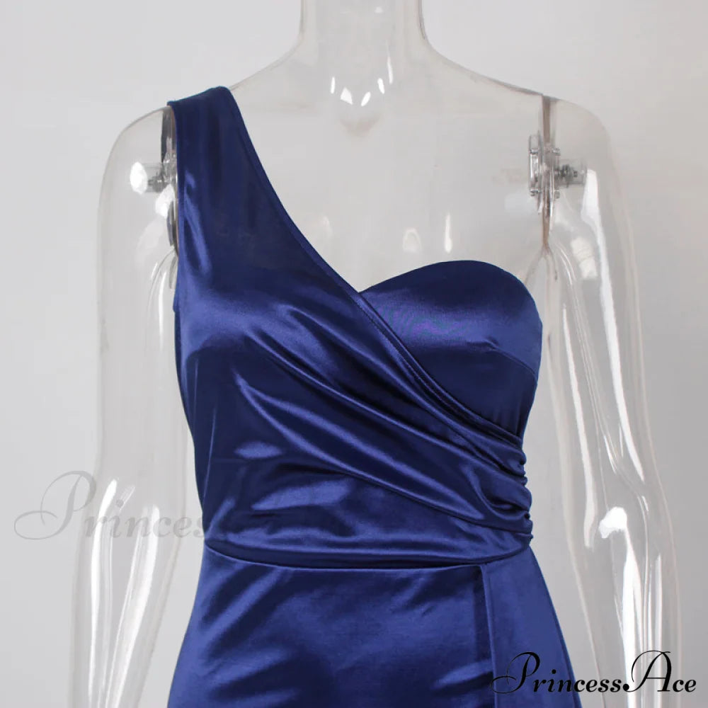 Blue Evening Green Gown Full-Length Party Royal With Satin Long Ribbon Draped Dress
