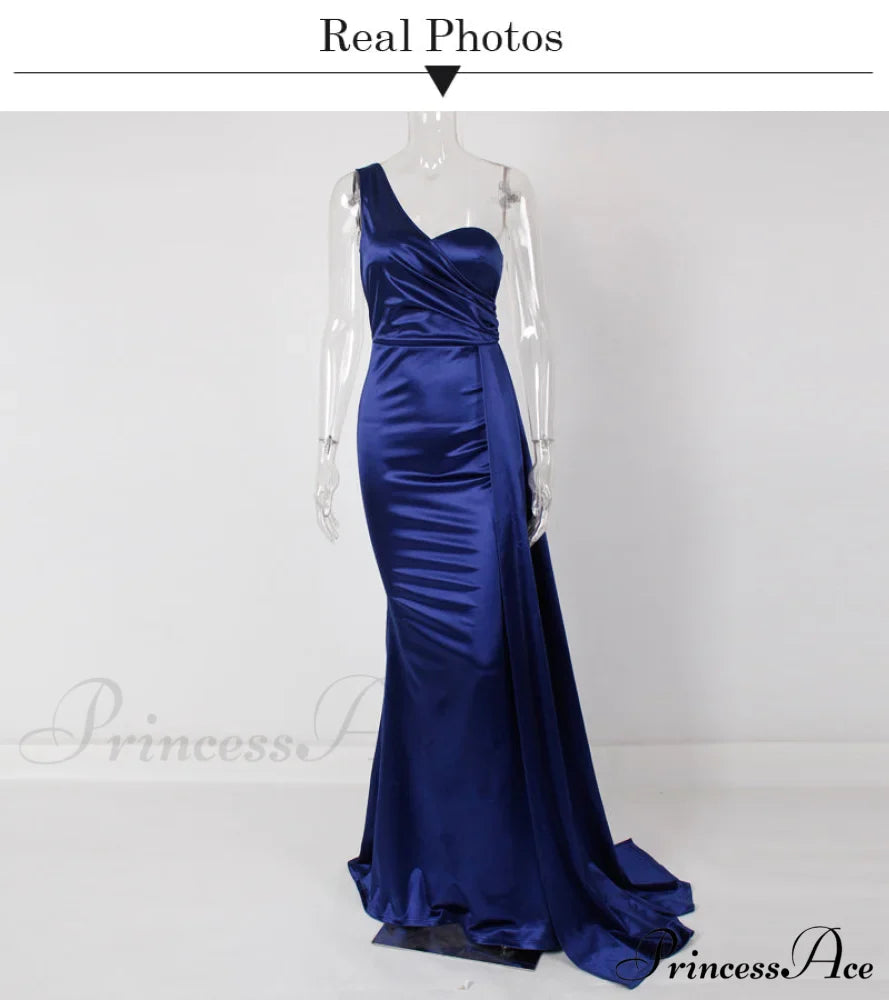 Blue Evening Green Gown Full-Length Party Royal With Satin Long Ribbon Draped Dress