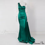 Blue Evening Green Gown Full-Length Party Royal With Satin Long Ribbon Draped Dress