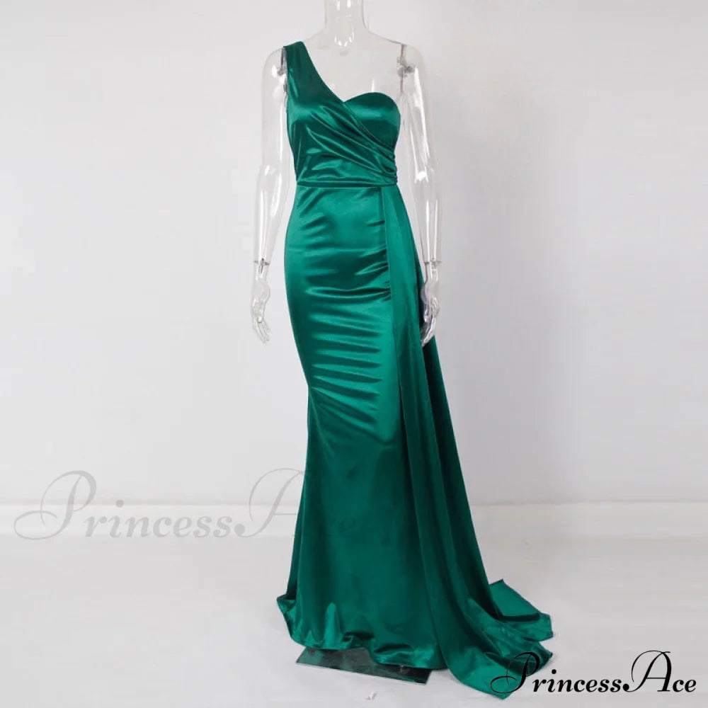 Blue Evening Green Gown Full-Length Party Royal With Satin Long Ribbon Draped Dress