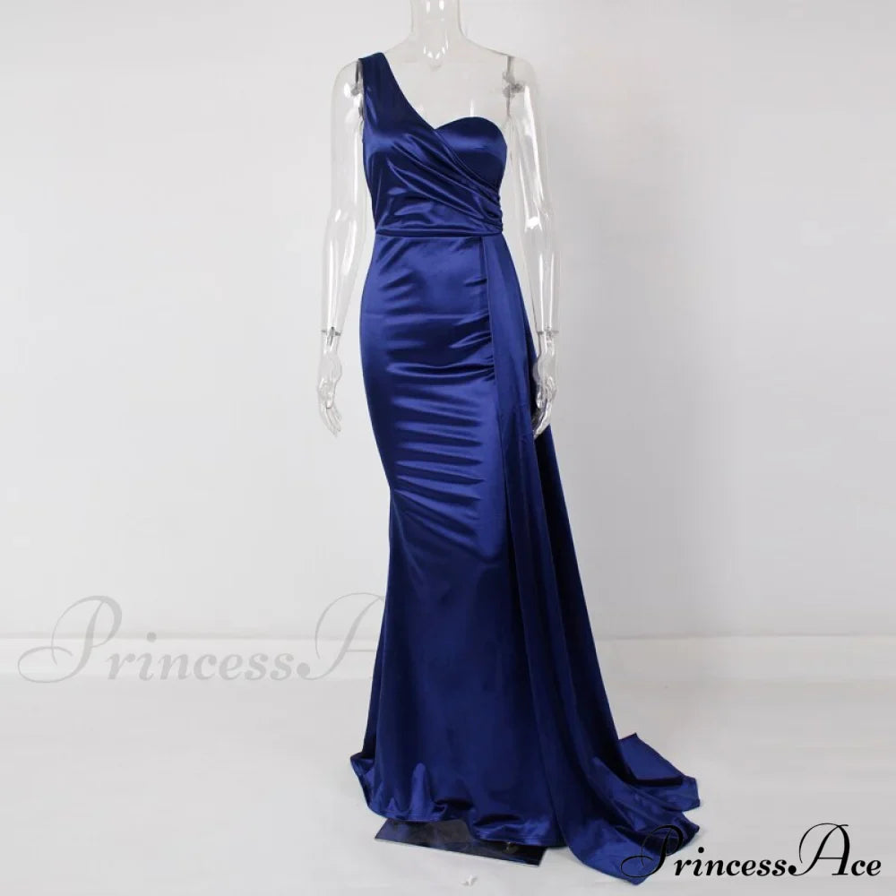 Blue Evening Green Gown Full-Length Party Royal With Satin Long Ribbon Draped Dress