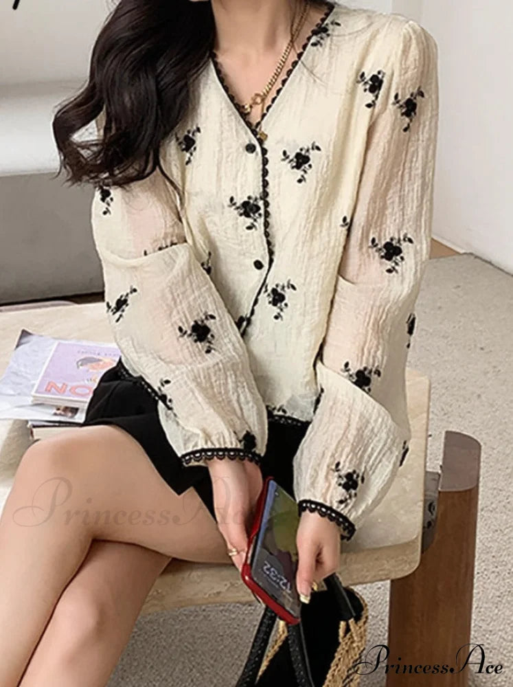 Button Blouse Up V Spring Neck Long Arm Patterned Casual Top