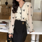 Button Blouse Up V Spring Neck Long Arm Patterned Casual Top