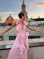 Holiday Party Dresses V Neck Backless Floral Ruffle Dress