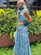 Holiday Party Dresses V Neck Backless Floral Ruffle Dress