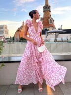 Holiday Party Dresses V Neck Backless Floral Ruffle Dress