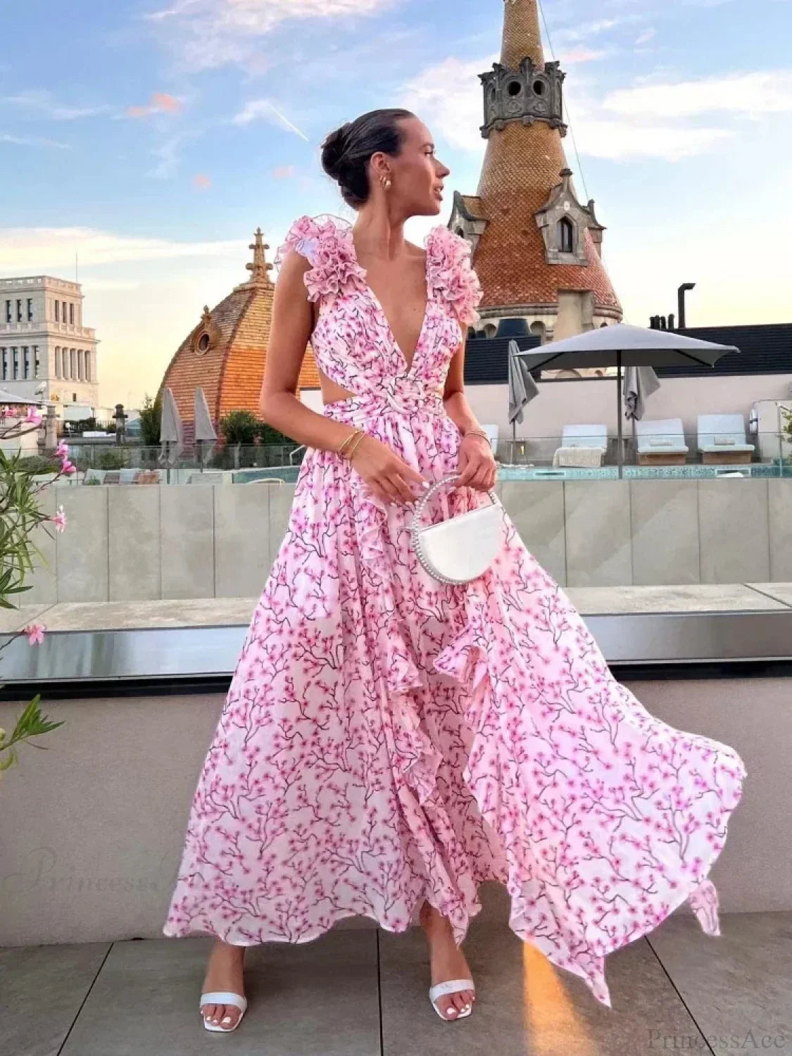 Holiday Party Dresses V Neck Backless Floral Ruffle Dress