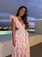 Holiday Party Dresses V Neck Backless Floral Ruffle Dress