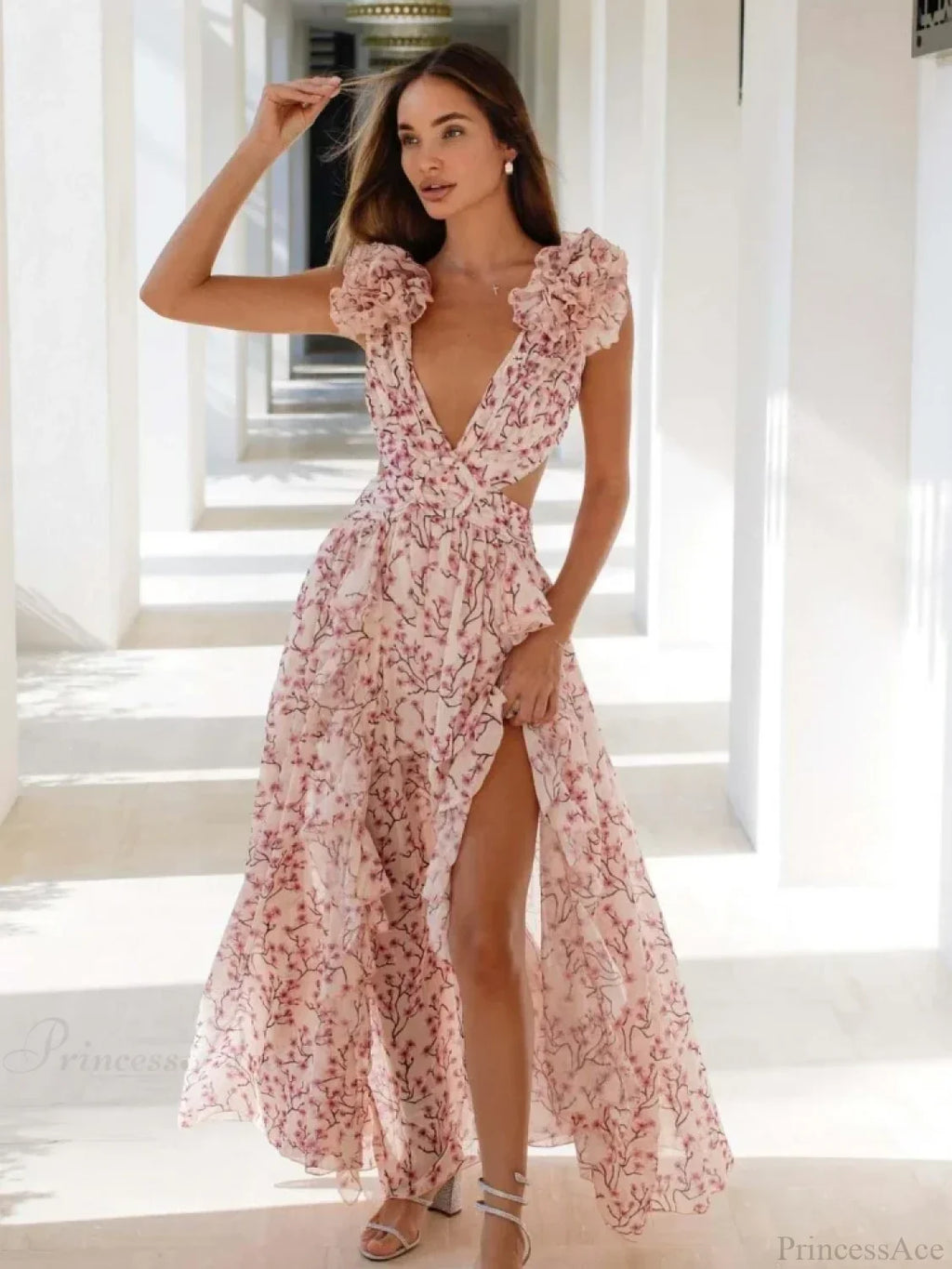 Holiday Party Dresses V Neck Backless Floral Ruffle Dress
