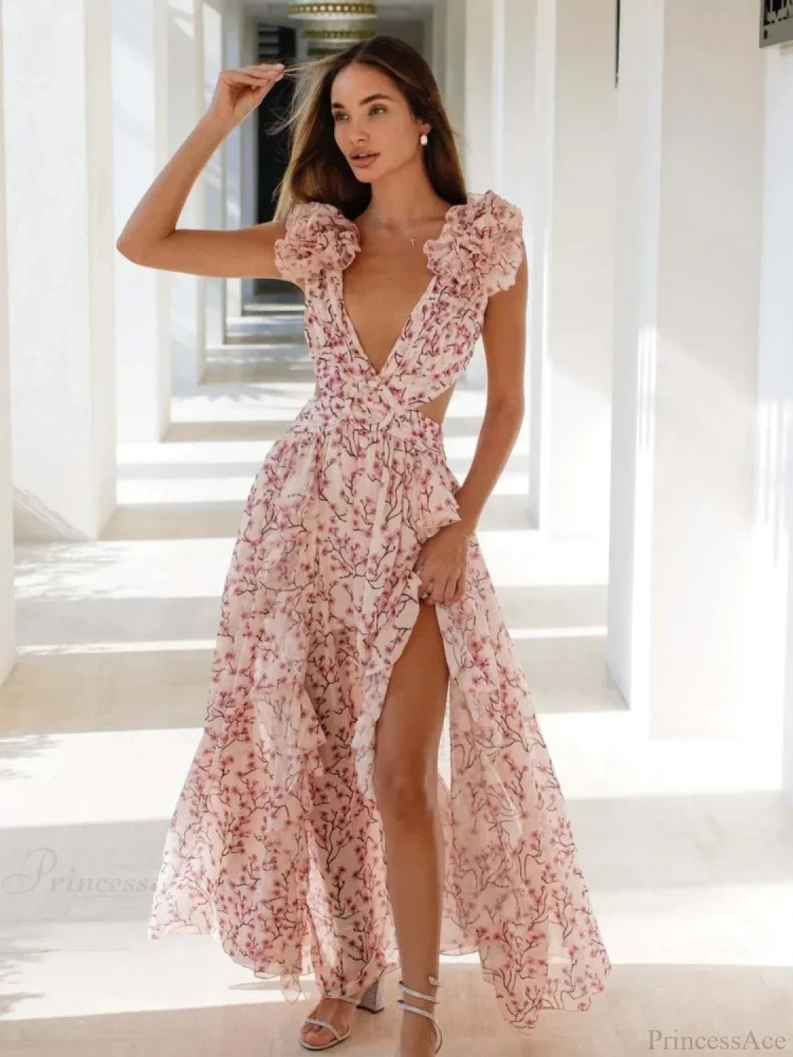 Holiday Party Dresses V Neck Backless Floral Ruffle Dress