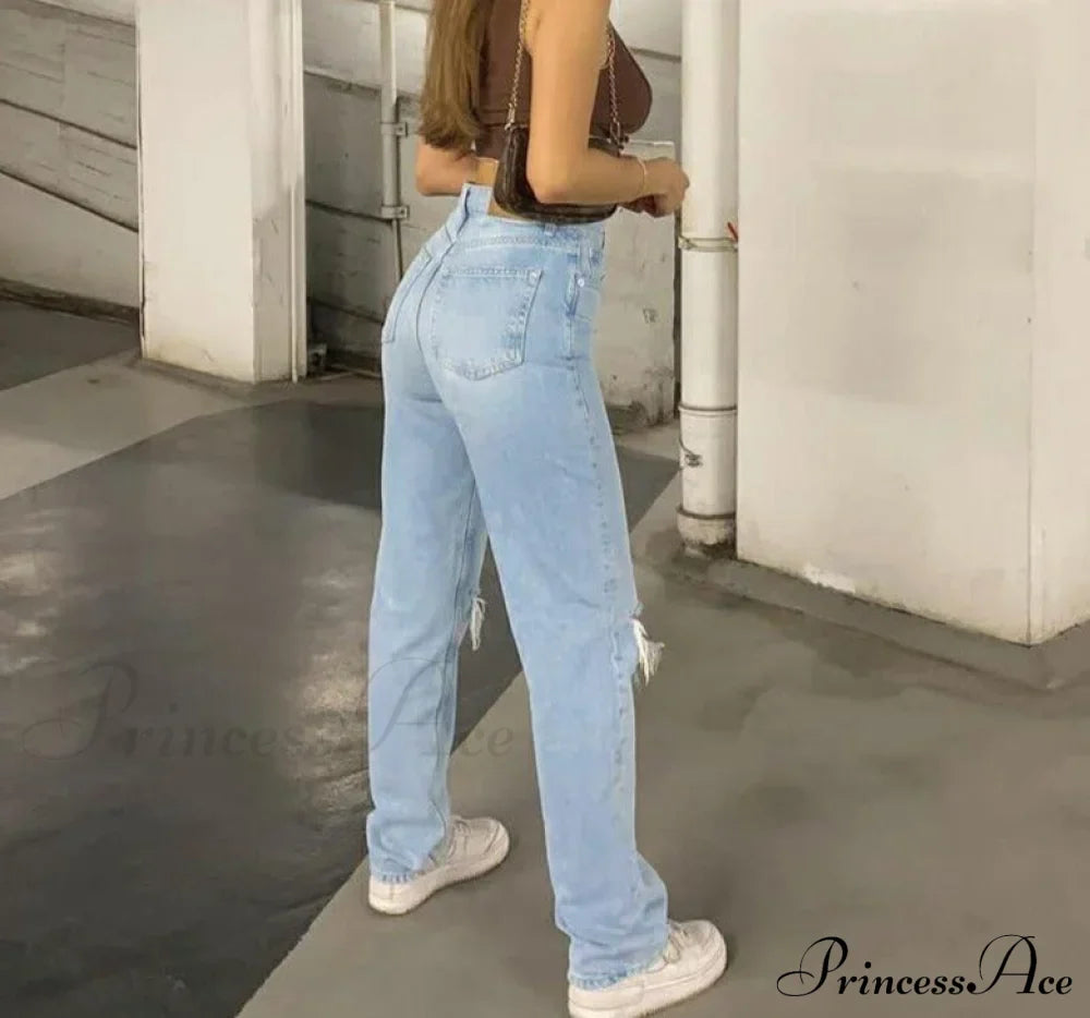 Jeans Blue Cotton Trousers Baggy Wide High Leg Ripped Denim Wash Warm-Season Casual Waist Pants