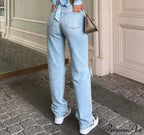 Jeans Blue Cotton Trousers Baggy Wide High Leg Ripped Denim Wash Warm-Season Casual Waist Pants