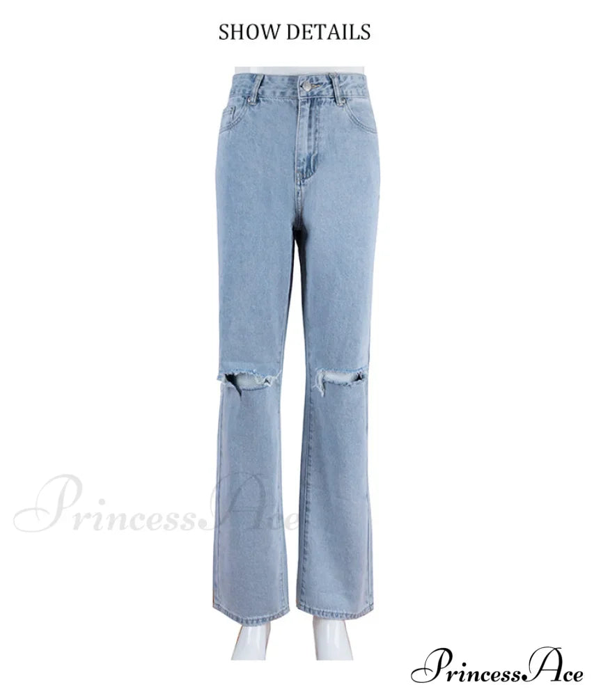Jeans Blue Cotton Trousers Baggy Wide High Leg Ripped Denim Wash Warm-Season Casual Waist Pants