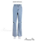 Jeans Blue Cotton Trousers Baggy Wide High Leg Ripped Denim Wash Warm-Season Casual Waist Pants