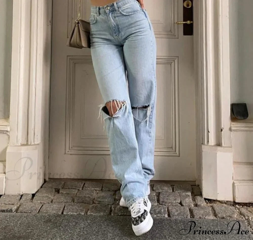 Jeans Blue Cotton Trousers Baggy Wide High Leg Ripped Denim Wash Warm-Season Casual Waist Pants