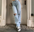Jeans Blue Cotton Trousers Baggy Wide High Leg Ripped Denim Wash Warm-Season Casual Waist Pants
