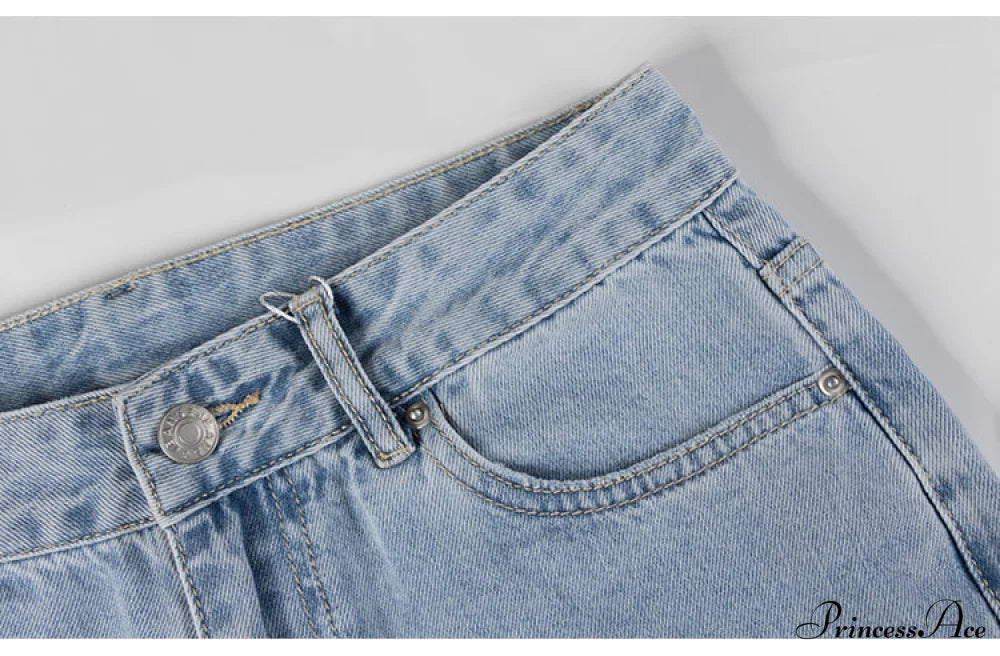 Jeans Blue Cotton Trousers Baggy Wide High Leg Ripped Denim Wash Warm-Season Casual Waist Pants