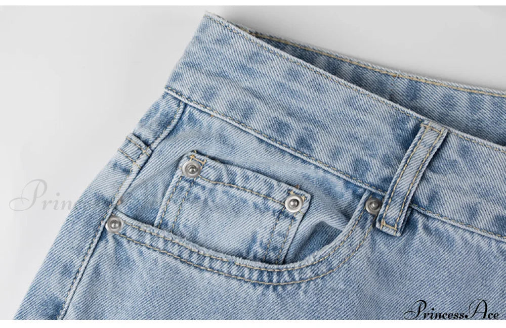 Jeans Blue Cotton Trousers Baggy Wide High Leg Ripped Denim Wash Warm-Season Casual Waist Pants