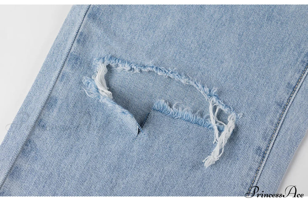 Jeans Blue Cotton Trousers Baggy Wide High Leg Ripped Denim Wash Warm-Season Casual Waist Pants