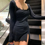 Lace Patchwork Long Sleeve Split Mini Dress