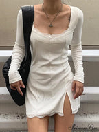 Lace Patchwork Long Sleeve Split Mini Dress