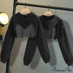 Mesh With Out Hoodie Black Crop Top Hollow Patchwork