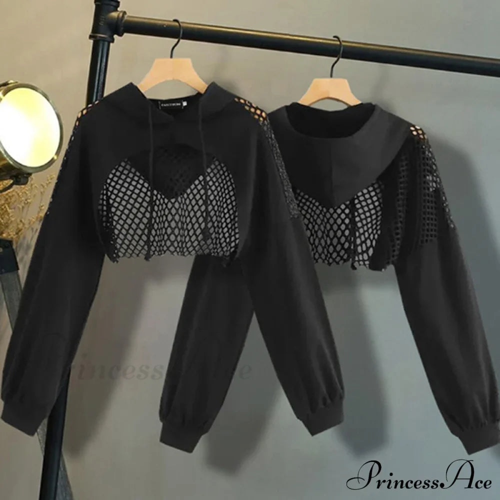 Mesh With Out Hoodie Black Crop Top Hollow Patchwork