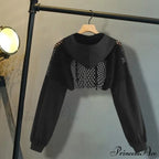 Mesh With Out Hoodie Black Crop Top Hollow Patchwork