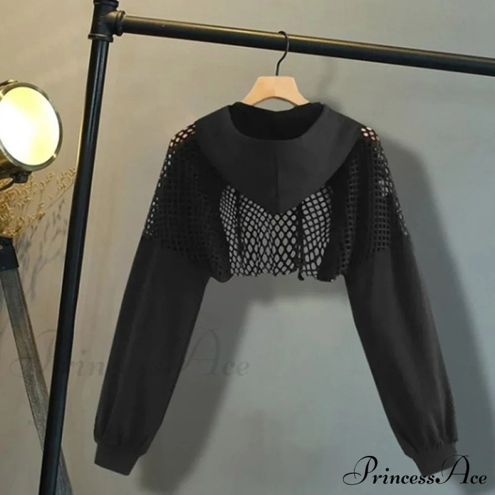 Mesh With Out Hoodie Black Crop Top Hollow Patchwork
