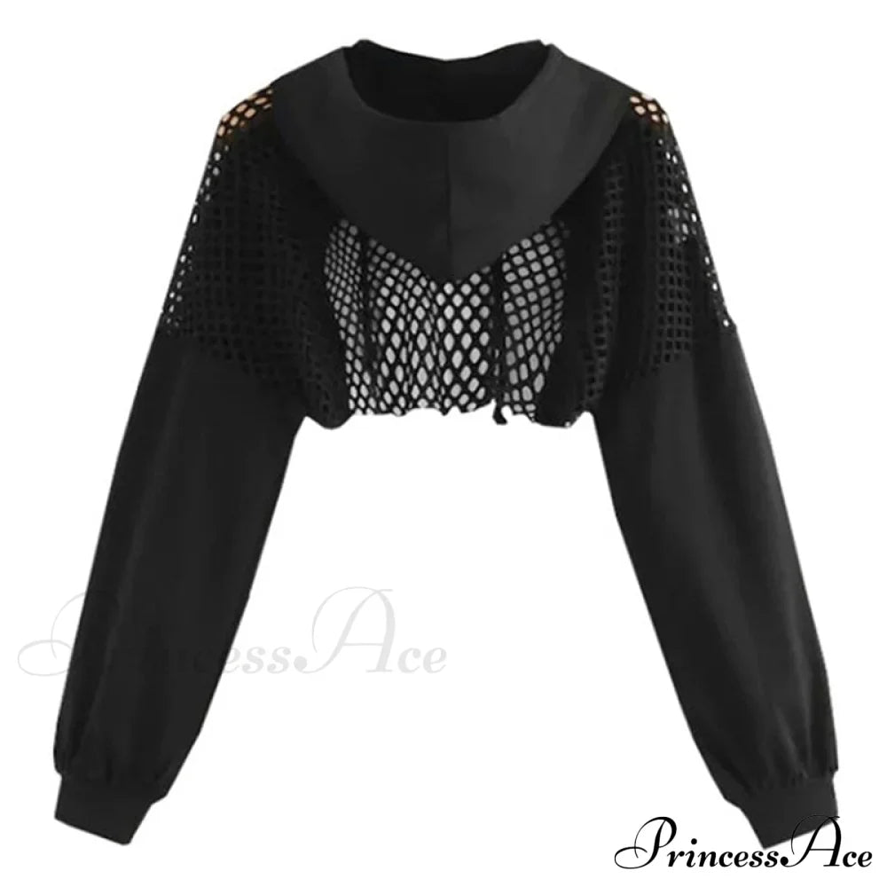 Mesh With Out Hoodie Black Crop Top Hollow Patchwork