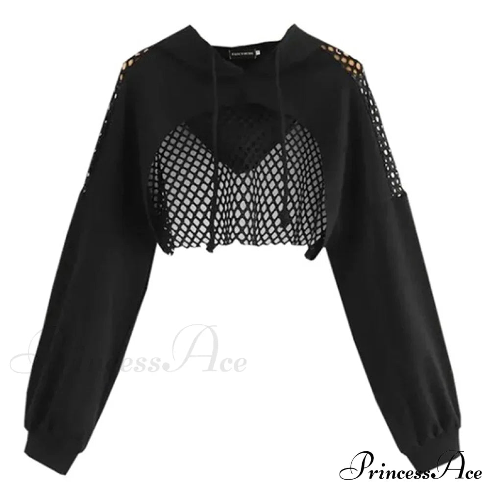 Mesh With Out Hoodie Black Crop Top Hollow Patchwork
