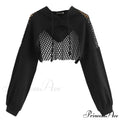 Mesh With Out Hoodie Black Crop Top Hollow Patchwork