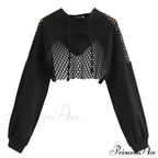 Mesh With Out Hoodie Black Crop Top Hollow Patchwork