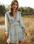 Ruffles Chiffon Boho V-Neck Mini Beach Dress With Long Lantern Sleeves