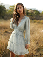 Ruffles Chiffon Boho V-Neck Mini Beach Dress With Long Lantern Sleeves