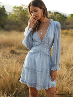 Ruffles Chiffon Boho V-Neck Mini Beach Dress With Long Lantern Sleeves