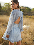 Ruffles Chiffon Boho V-Neck Mini Beach Dress With Long Lantern Sleeves