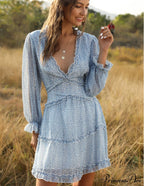Ruffles Chiffon Boho V-Neck Mini Beach Dress With Long Lantern Sleeves