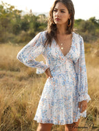 Ruffles Chiffon Boho V-Neck Mini Beach Dress With Long Lantern Sleeves